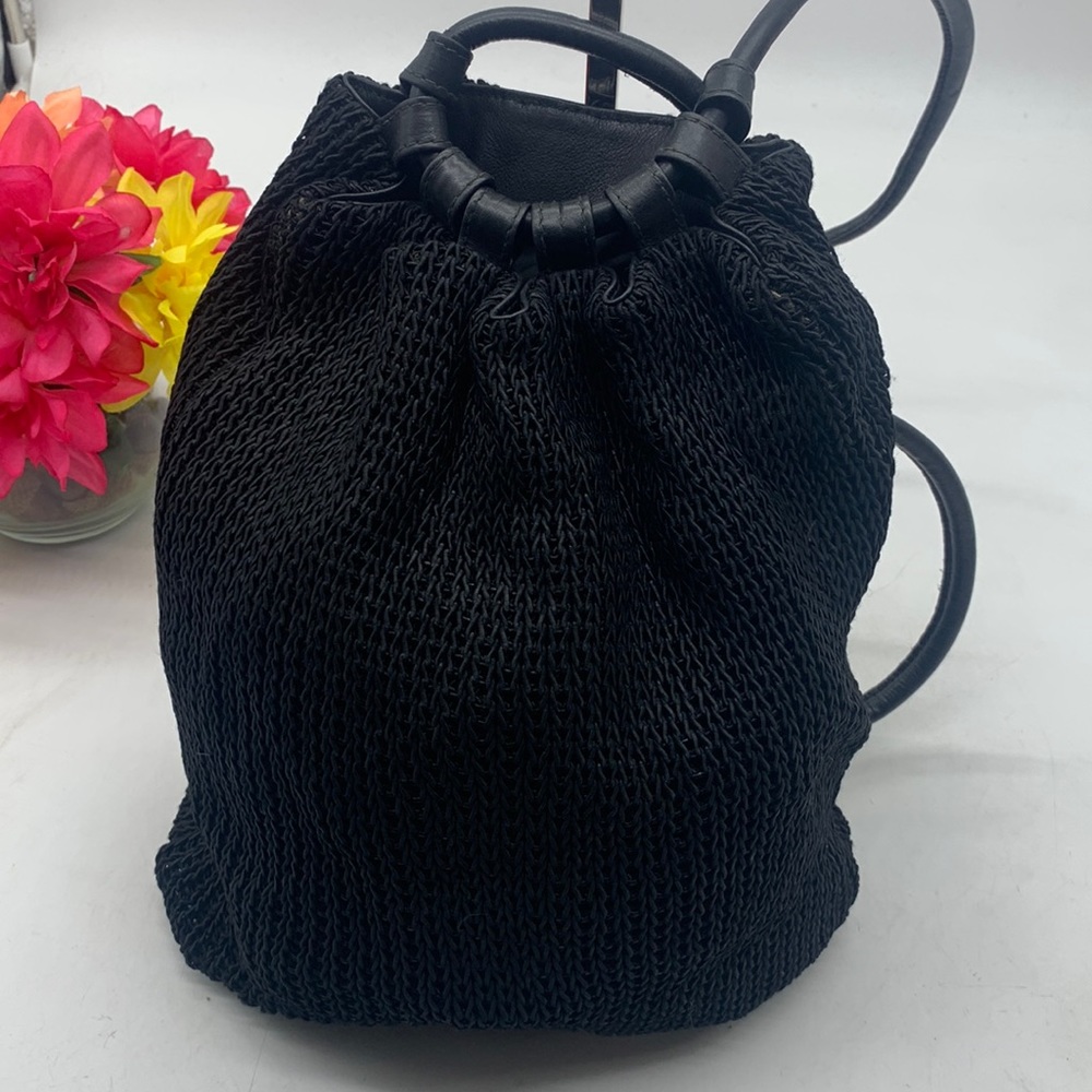 Paola Del Lungo Black Woven and Leather Backpack Made in Italy TOT9362C